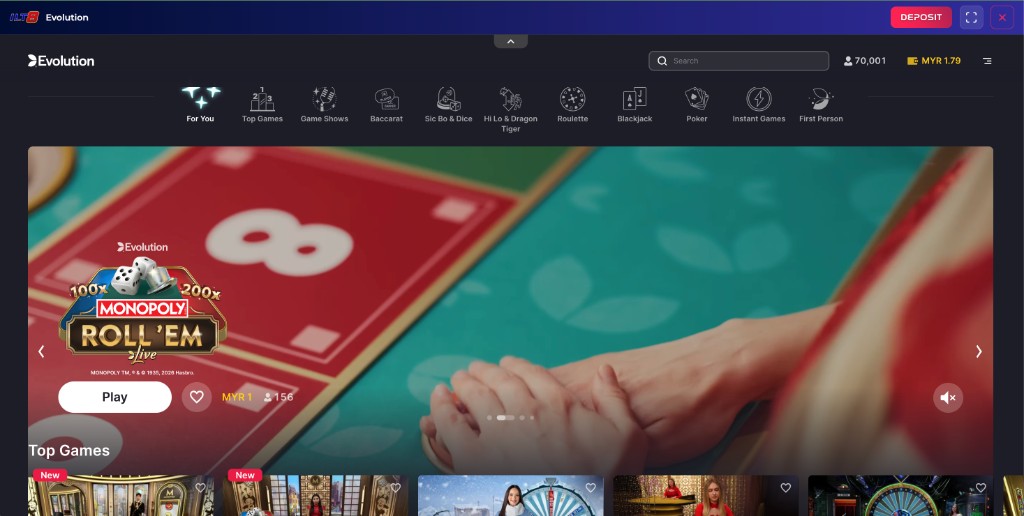 Evolution live casino lobby at ILT8 — Monopoly Live and top games