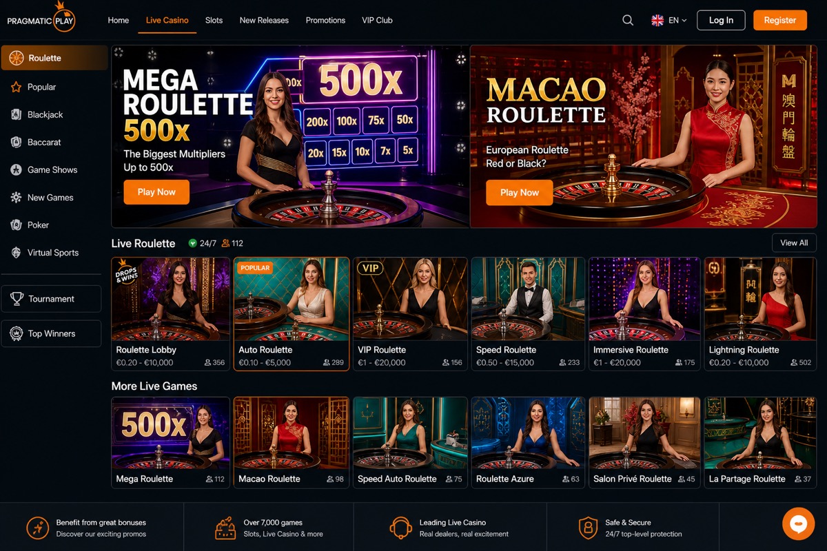 Pragmatic Play live roulette lobby at ILT8 — Mega Roulette & Macao Roulette