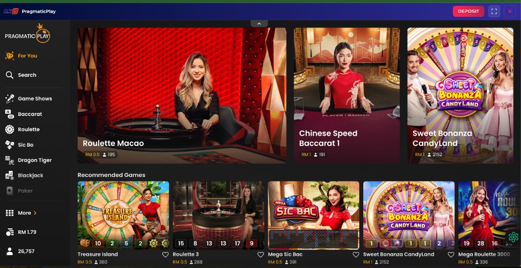 Pragmatic Play live casino lobby at ILT8 — Sweet Bonanza Candyland and roulette
