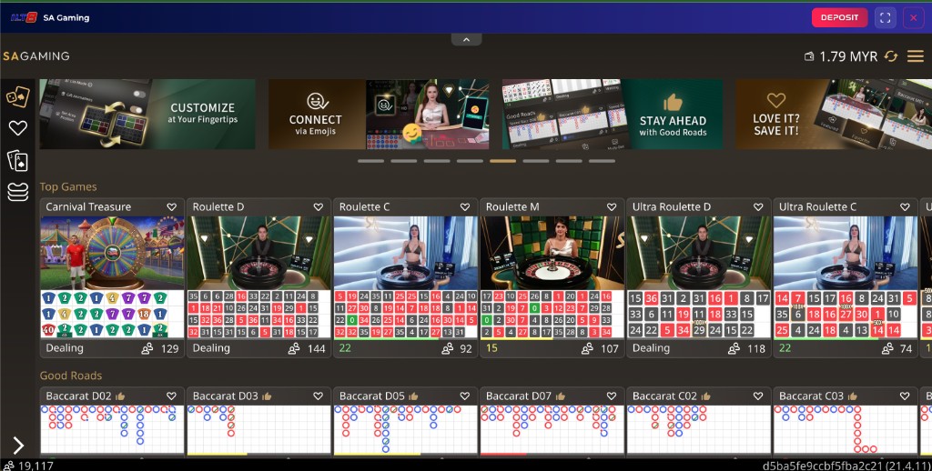 SA Gaming live casino lobby at ILT8 — roulette and baccarat with road maps